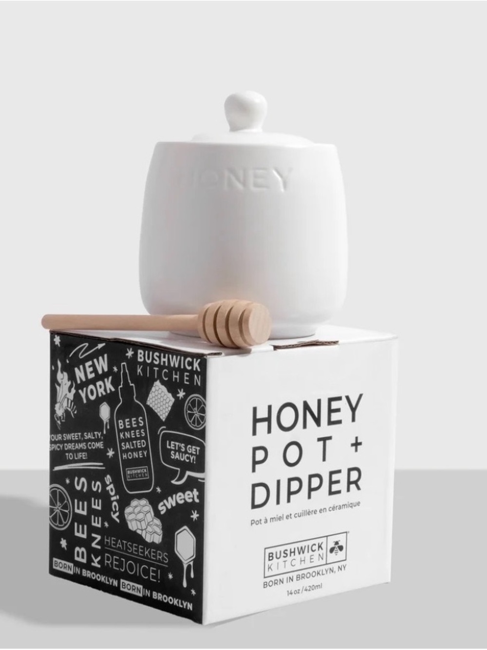 Bushwick Kitche. White Ceramic Honey Pot with Wooden Dipper